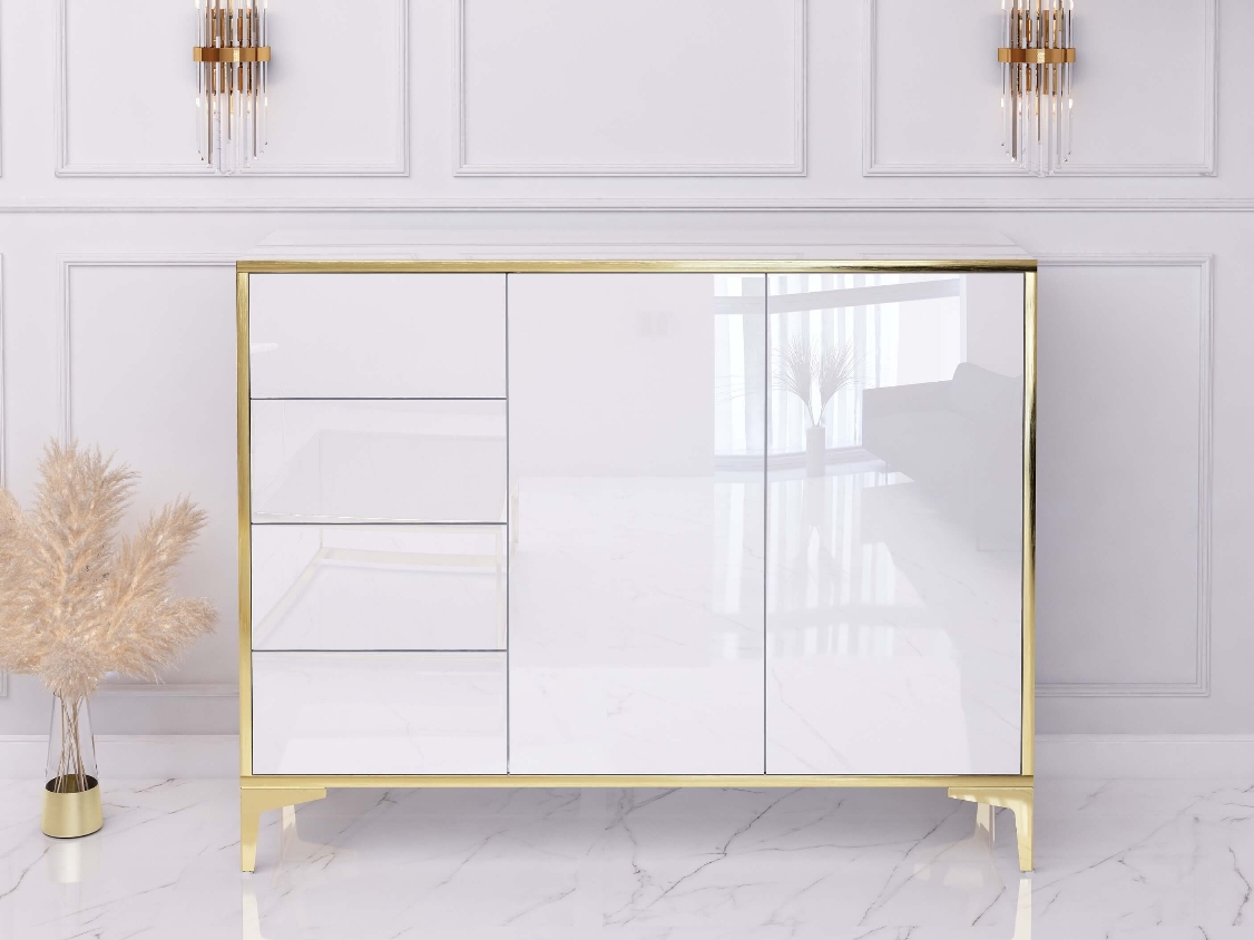 Kommode Monako 118cm Weiß hochglanz mit Goldenen Beinen