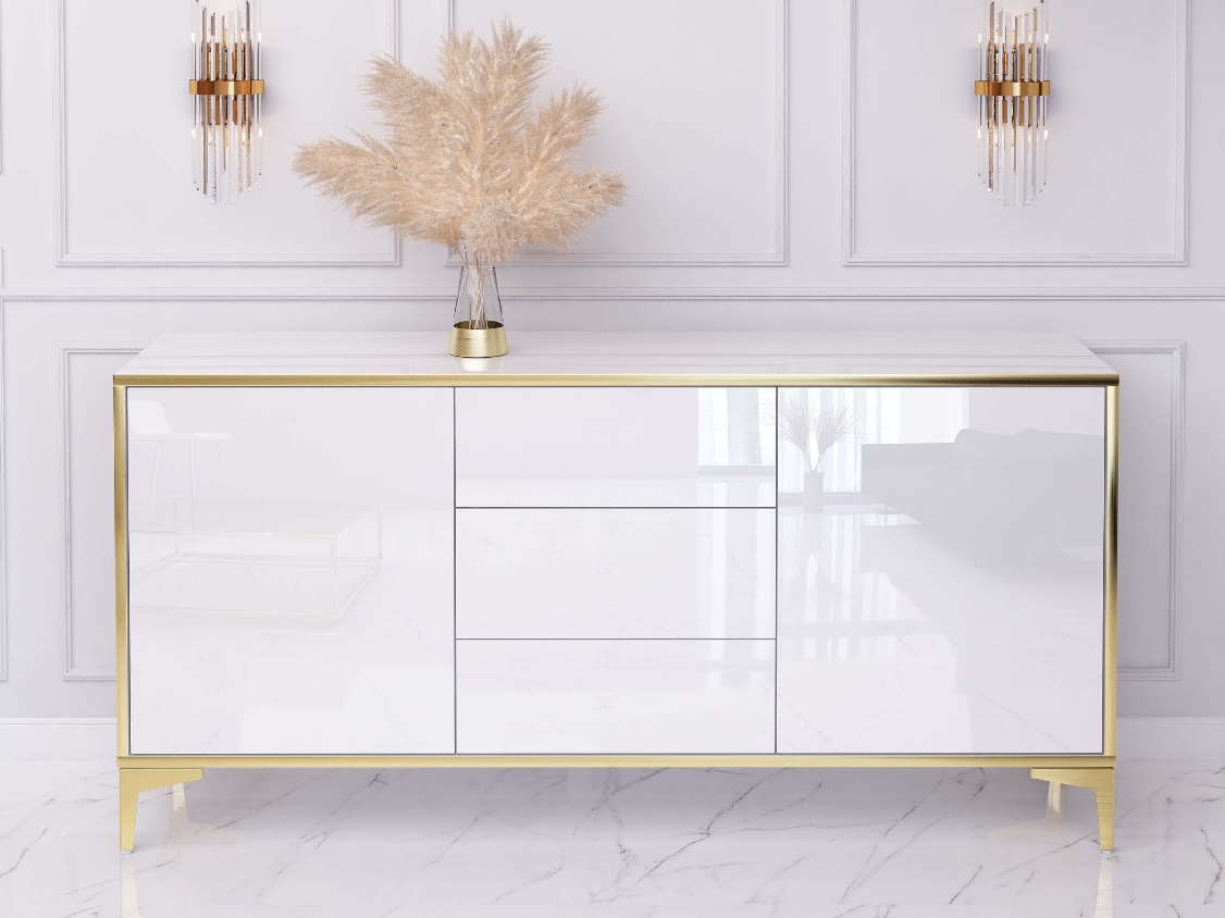 Sideboard Monako 154cm Weiß hochglanz mit Goldenen Beinen