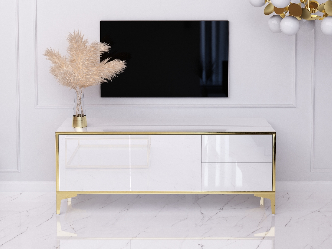 Mueble TV Monako 136cm - Blanco, Dorado