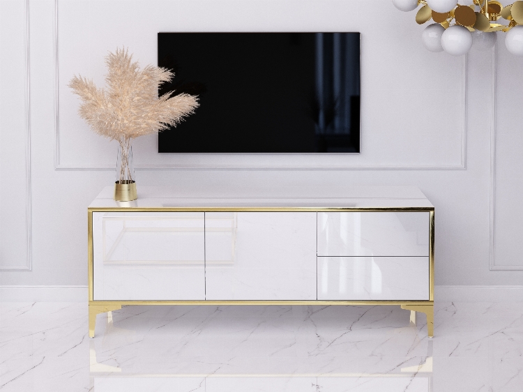 TV-Lowboard Monako 136cm Weiß hochglanz mit Goldenen Beinen